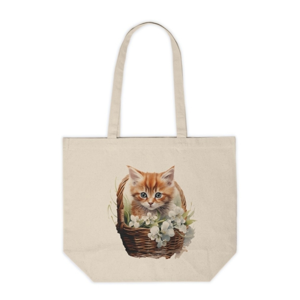 Floral Cat in a Basket Custom Canvas Tote Bag